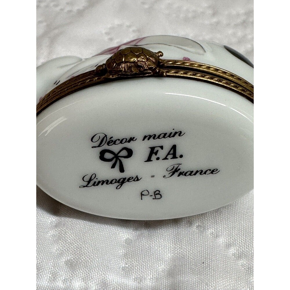 Limoges Rabbit Porcelain & Blue Egg Trinket Brass Hinged Boxes France - Picture 7 of 16